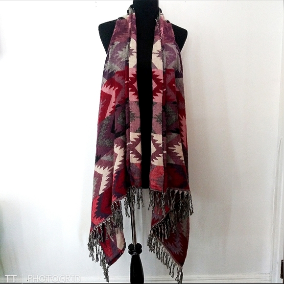 Raj Tops - Raj southwest print open layered fringe vest